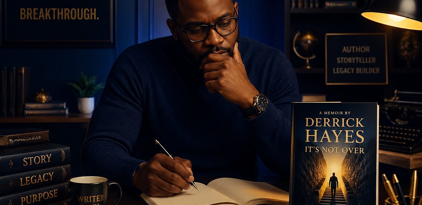 A thoughtful writer sitting at a desk in a professional publishing studio, surrounded by books and notes, reflecting on writing a memoir with warm lighting and a cinematic atmosphere