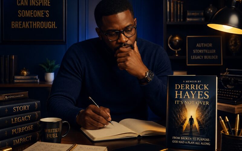 A thoughtful writer sitting at a desk in a professional publishing studio, surrounded by books and notes, reflecting on writing a memoir with warm lighting and a cinematic atmosphere