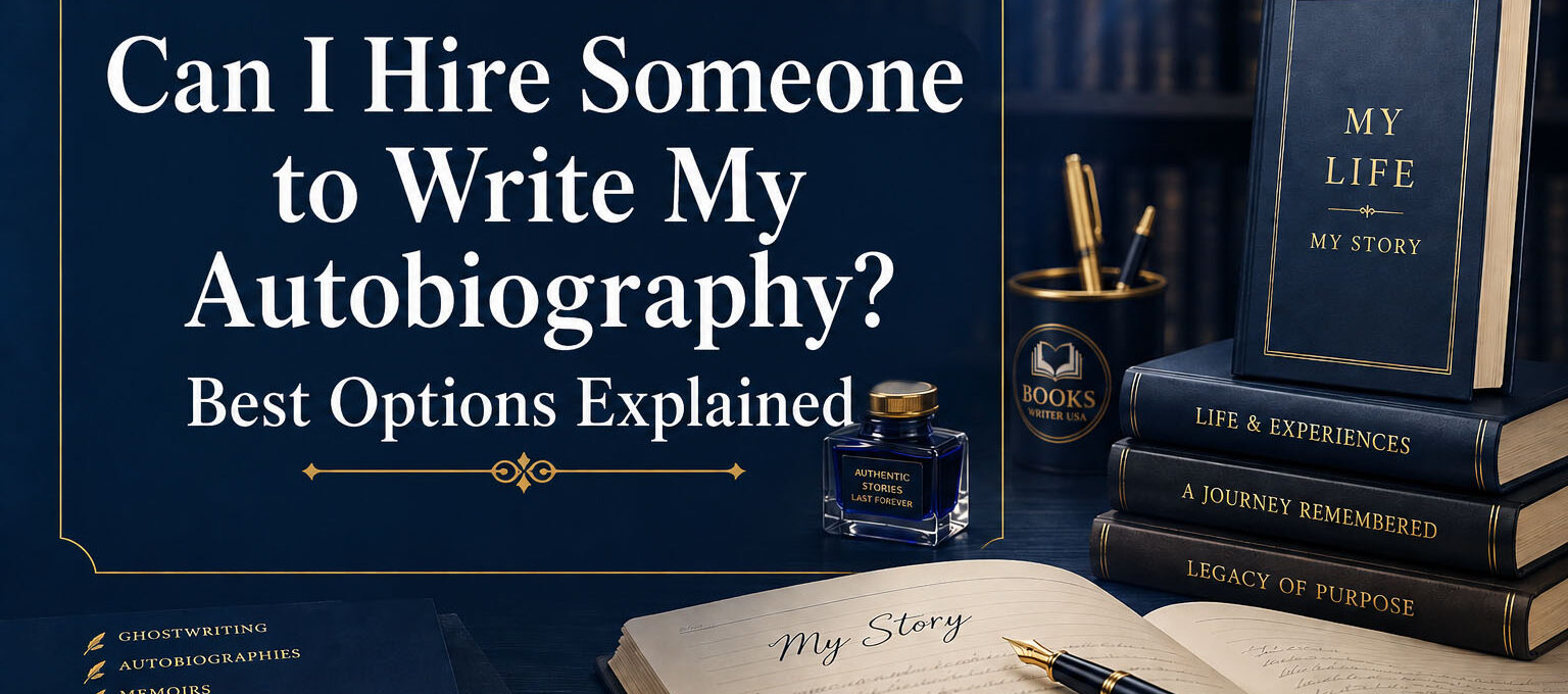A cinematic publishing studio scene featuring a gold pen, manuscript, and deep navy background, illustrating the theme of hiring someone to write your autobiography.