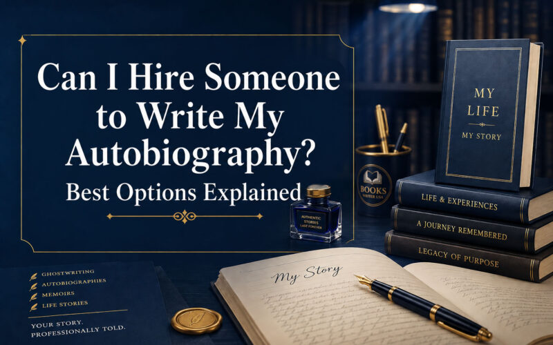 A cinematic publishing studio scene featuring a gold pen, manuscript, and deep navy background, illustrating the theme of hiring someone to write your autobiography.