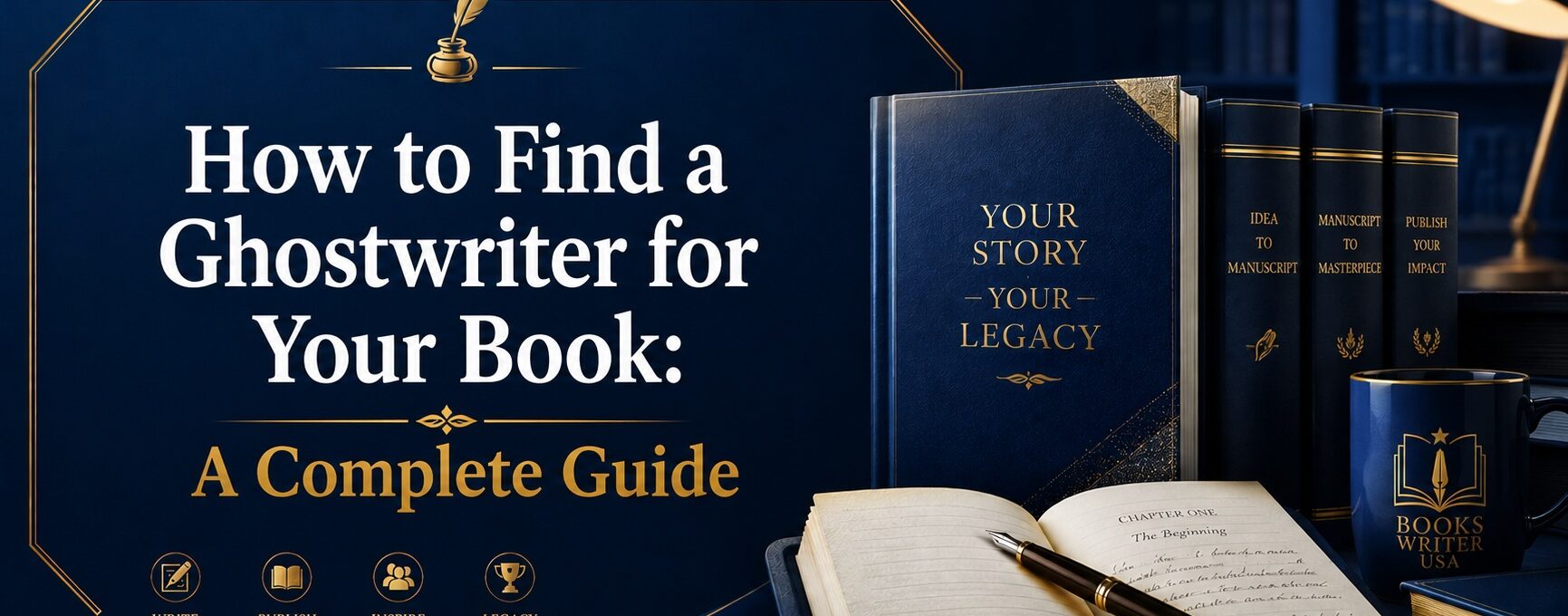 A cinematic publishing studio scene featuring a gold pen, manuscript, and book, illustrating how to find a ghostwriter for your book.