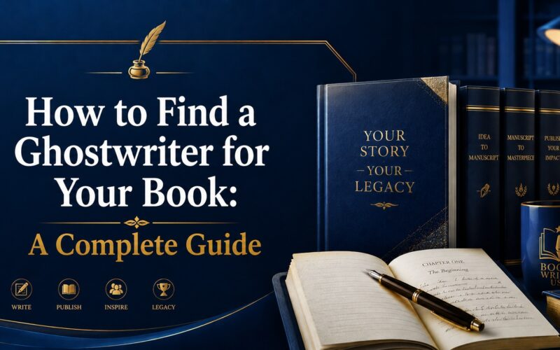 A cinematic publishing studio scene featuring a gold pen, manuscript, and book, illustrating how to find a ghostwriter for your book.