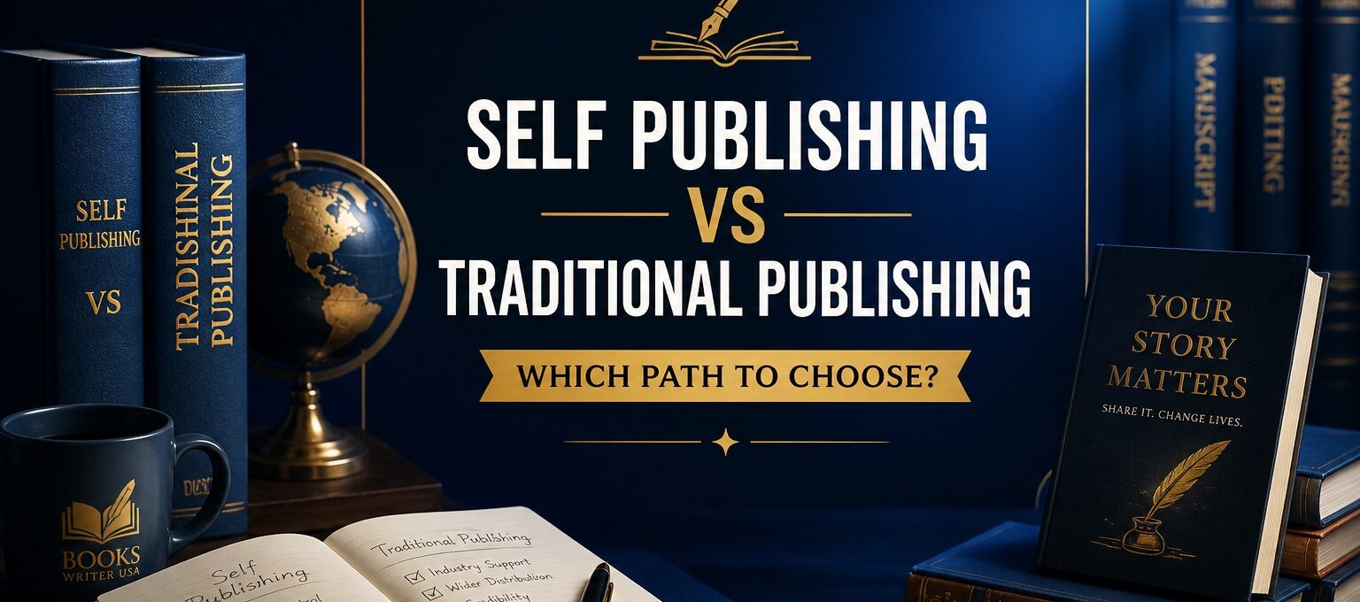 A visual representation of self publishing vs traditional publishing, showcasing key differences and benefits for aspiring authors in a cinematic publishing studio setting.