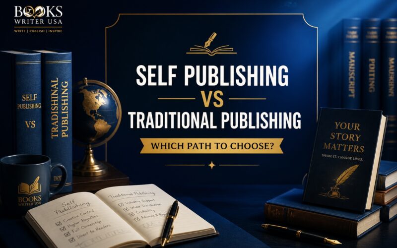 A visual representation of self publishing vs traditional publishing, showcasing key differences and benefits for aspiring authors in a cinematic publishing studio setting.