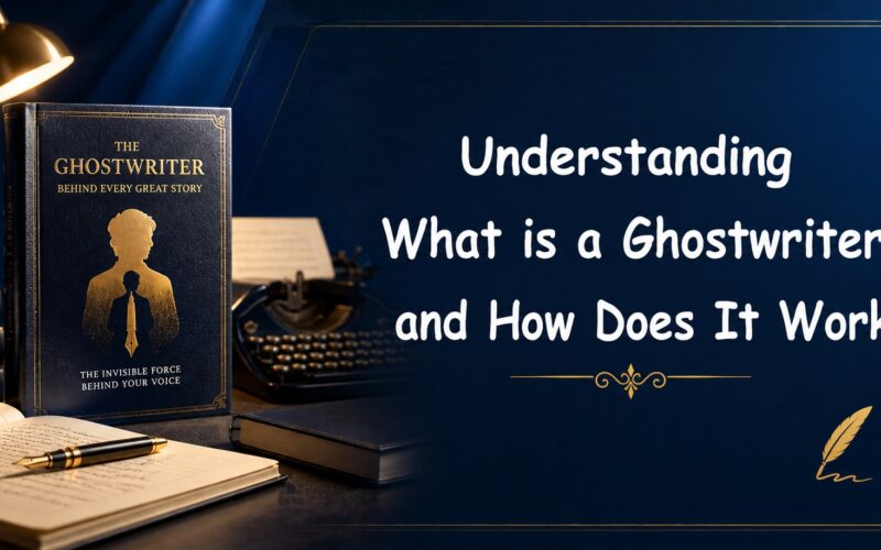 A cinematic publishing studio scene featuring a gold pen, manuscript, and book, illustrating what a ghostwriter is and how they work.