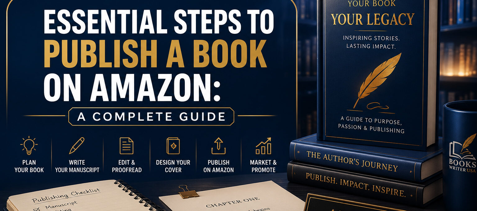 A cinematic publishing studio scene featuring a gold pen, manuscript, and book on a deep navy background, illustrating the steps to publish a book on Amazon.