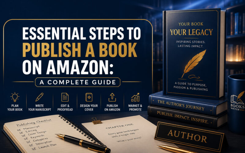 A cinematic publishing studio scene featuring a gold pen, manuscript, and book on a deep navy background, illustrating the steps to publish a book on Amazon.
