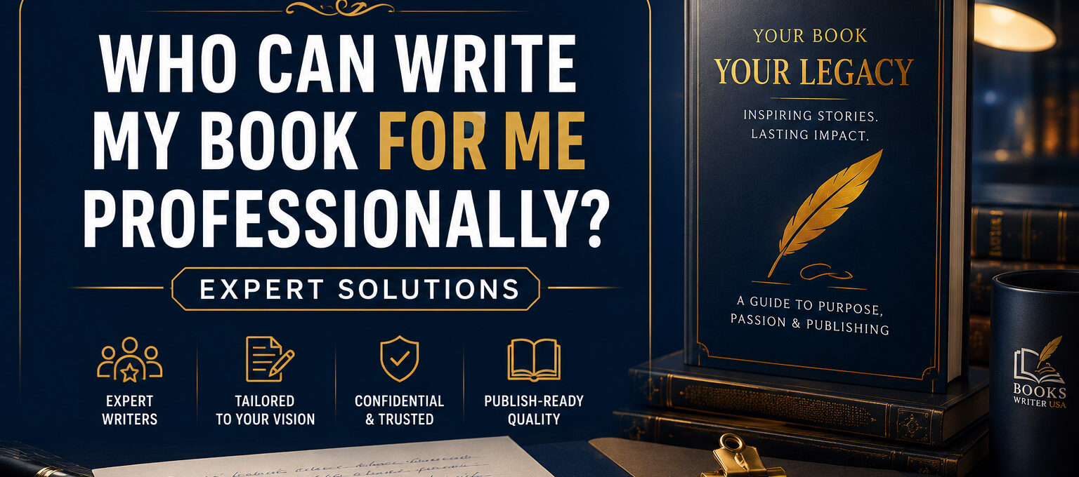 A cinematic publishing studio scene featuring a gold pen, manuscript, and deep navy background, illustrating who can write my book for me professionally.