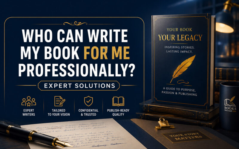 A cinematic publishing studio scene featuring a gold pen, manuscript, and deep navy background, illustrating who can write my book for me professionally.